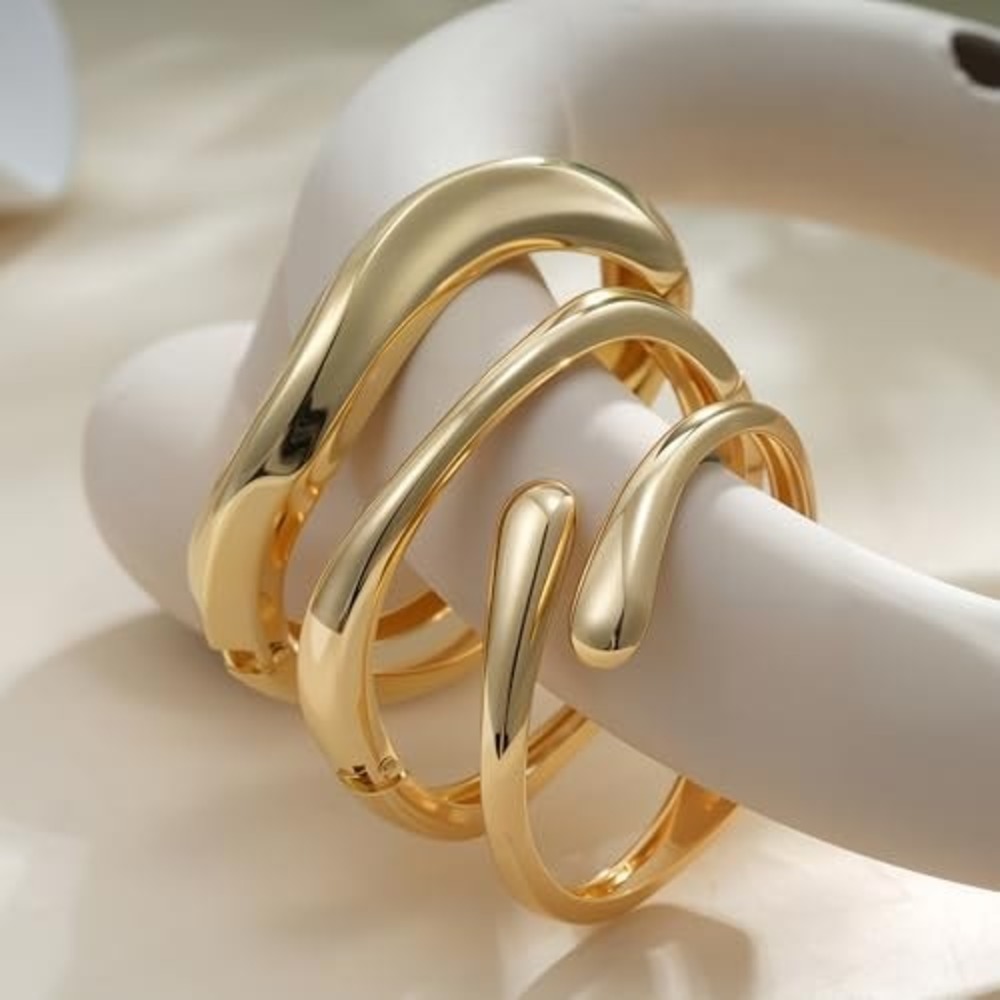 Gold Teardrop Bypass Cuff Bracelet Minimalist Sculptural Organic Wrap Bangle